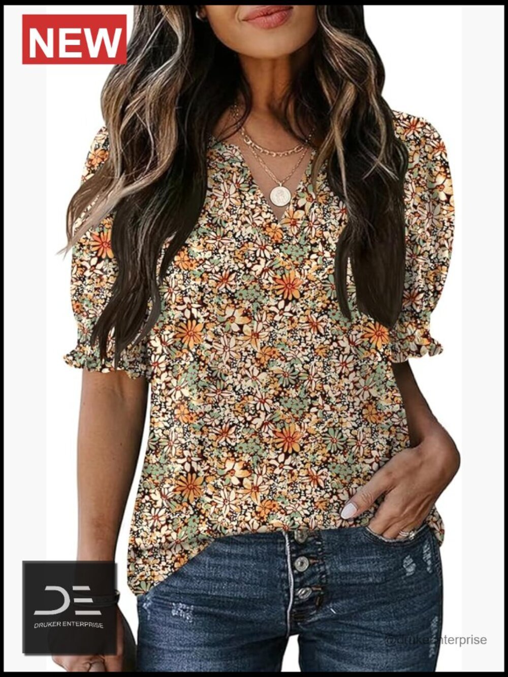 V Neck Puff Sleeve T Shirt Lightweight Stretchy Knit Blouse